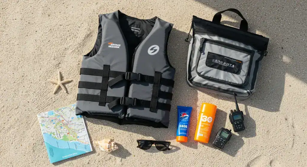 Essential safety gear laid out for Jet Skiing for Beginners in Sarasota.