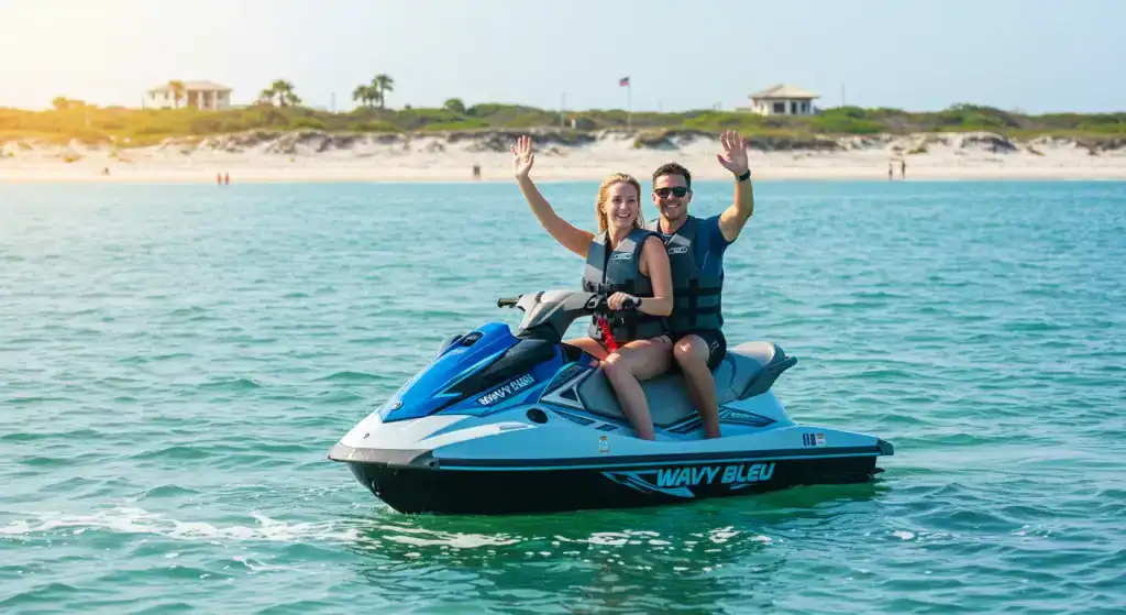 Happy couple enjoying their Wavy Bleu Siesta Key jet ski rental.