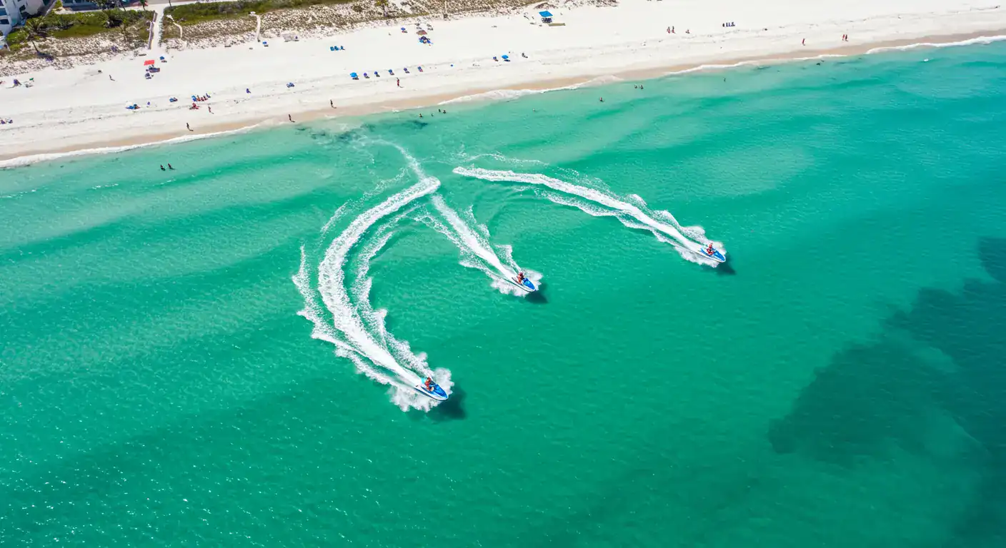 Riders enjoying an ultimate Siesta Key jet ski adventure with Wavy Bleu Watersports.